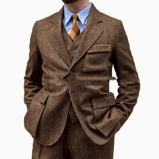 Wrinkle-free men's three-piece suit - slim-fit, herringbone wool, for formal events and business wear