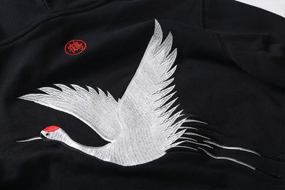 Oversized relaxed hoodie - embroidered crane, cotton blend