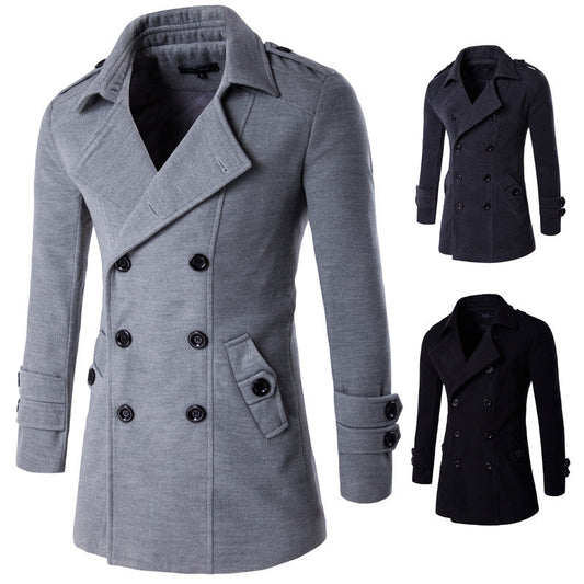 Warm Men's Peacoat - Double Breasted, Woolen Feel, Winter