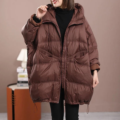 Warm Women's Mid-Length Down Coat - Hooded, Velvet, Cozy
