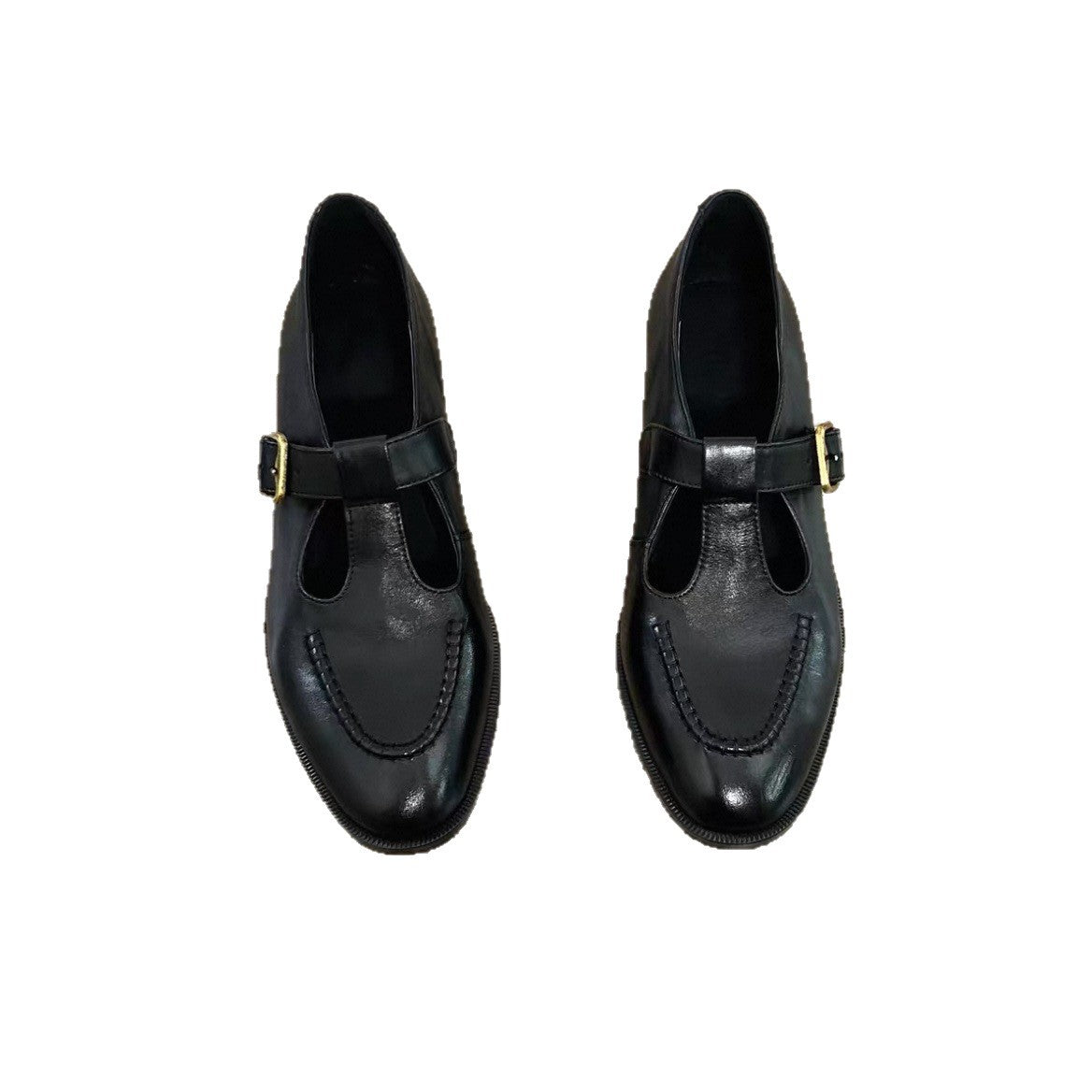 Soft women's pumps – T-Strap, round-toe, mid-heel, leather, for commuting