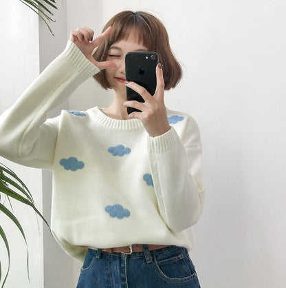 Oversized Cozy Women’s Sweater - Cloud Applique Knit Casual