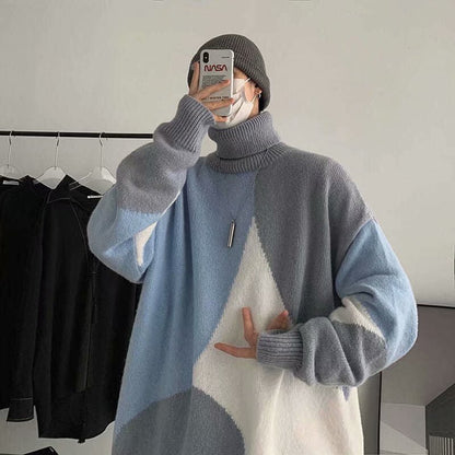 Warm Men Turtleneck Sweater - Oversized Polyester Knit