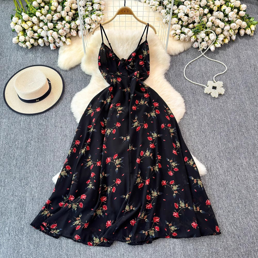 Leichtes Damenkleid – V-Ausschnitt mit Trägern, verstellbare Taille, Blumenmuster, für den Sommer