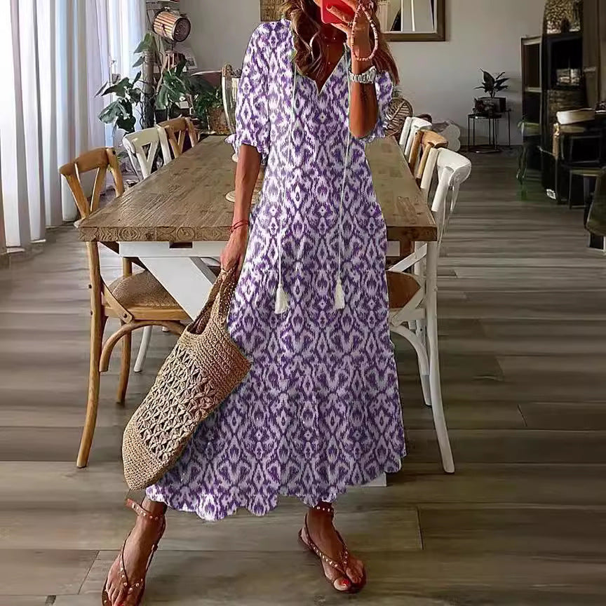 Vestito leggero da donna - stampa bohemien, scollo a V, maniche lunghe, vita media, abbigliamento casual quotidiano