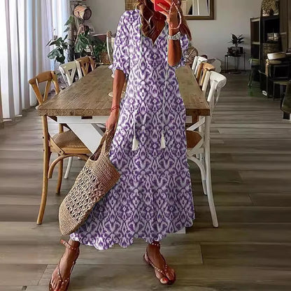 Vestito leggero da donna - stampa bohemien, scollo a V, maniche lunghe, vita media, abbigliamento casual quotidiano