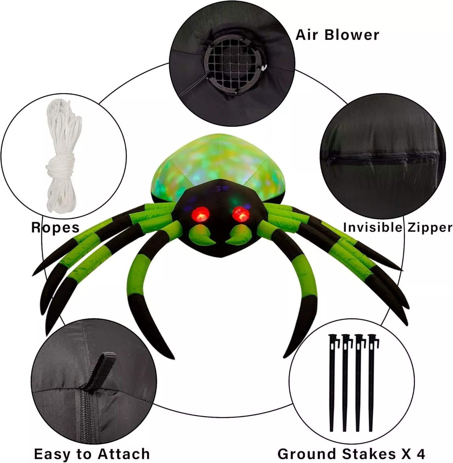 8ft Wide Halloween Inflatable Spider with LED Lights – Spooky Outdoor Yard Decoration