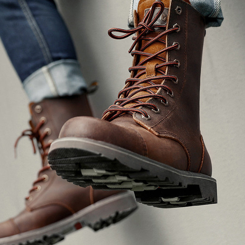 Durable Men Motorcycle Boots - High Lace Up, Leather