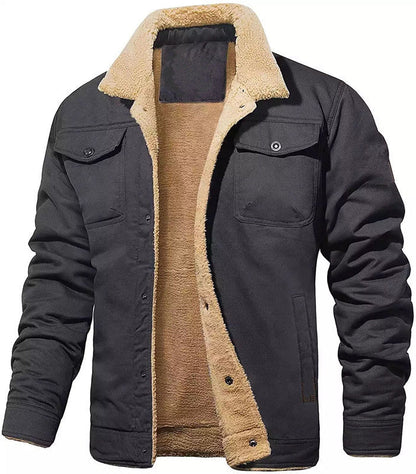 Warm Durable Men's Jacket - Trucker Cut, Sherpa Lined Cotton Canvas, For Fall And Winter