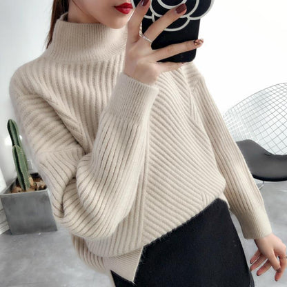 Soft Women’s Sweater - Loose Half High Collar, Ribbed Knit