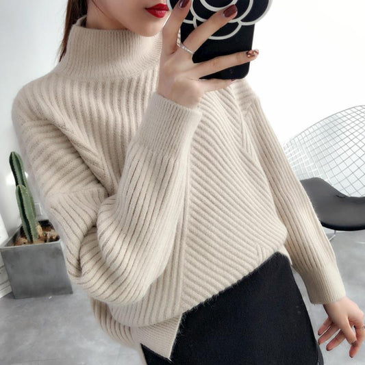 Soft Women’s Sweater - Loose Half High Collar, Ribbed Knit