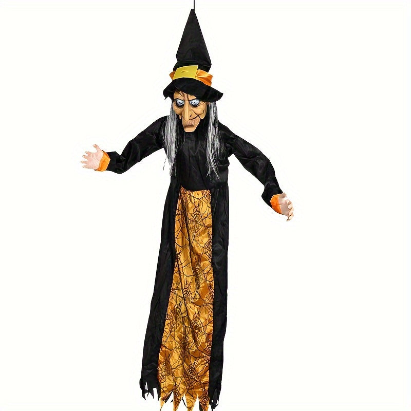 5-Foot Animated Halloween Witch Decor with Red LED Eyes – Talking Hanging Witch for Haunted Houses, Outdoor Lawn, and Yard Displays