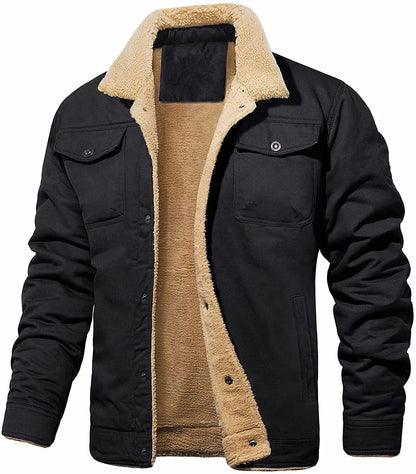 Warm Durable Men's Jacket - Trucker Cut, Sherpa Lined Cotton Canvas, For Fall And Winter