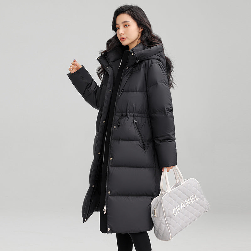 Warm Women’s Down Coat - Drawstring Waist, Hooded, Travel