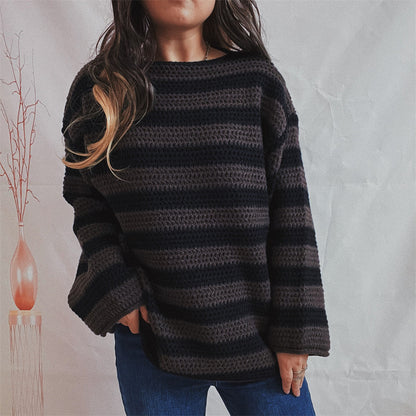 Oversized Women Off Shoulder Sweater - Striped Knit Casual