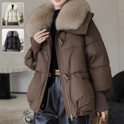 Insulating Women's Puffer Jacket - Short Boxy Fur Collar