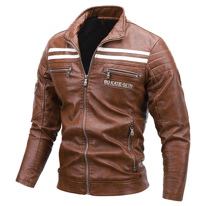 Cazadora de cuero para hombre cálida para motocicleta - corte biker con hombros acolchados y rayas de carreras, cuero PU, para paseos de otoño