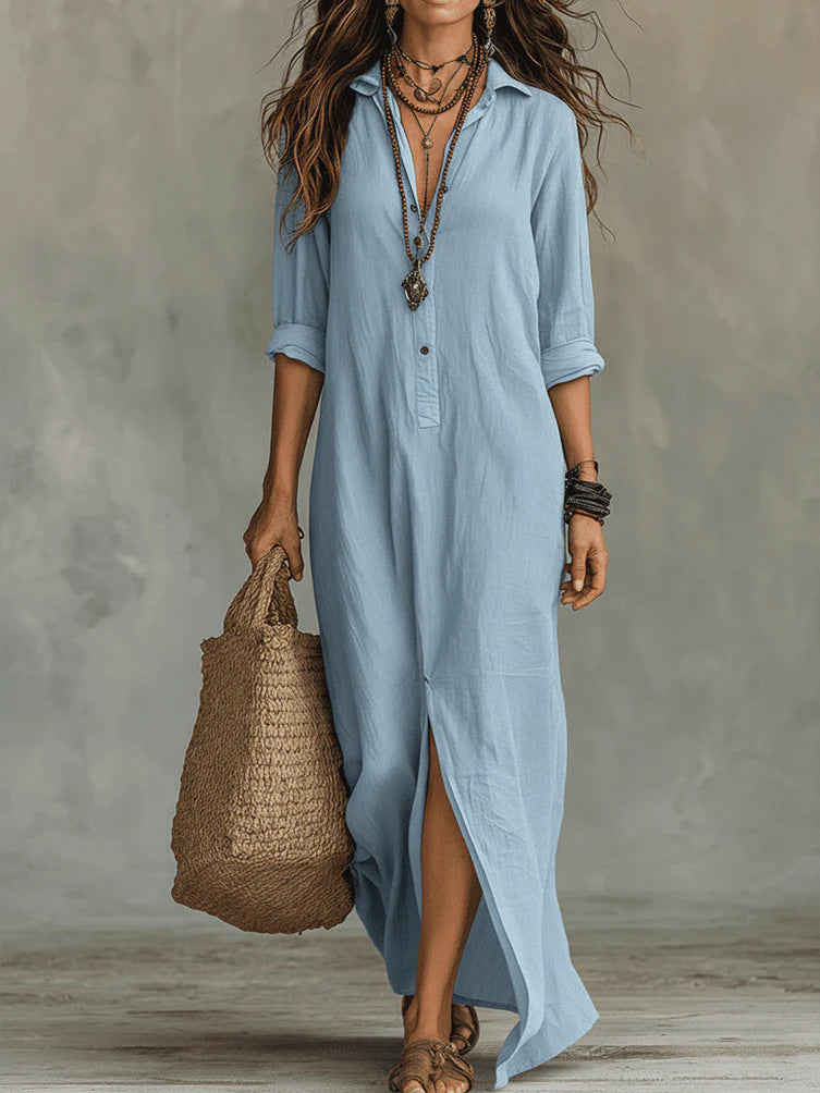Soft women's flowy maxi dress - long-sleeve lapel-collar, solid, beach vacation