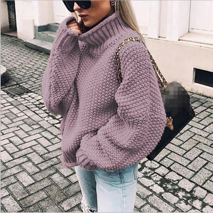 Oversized Women Turtleneck Sweater - Chunky Knit, Winter