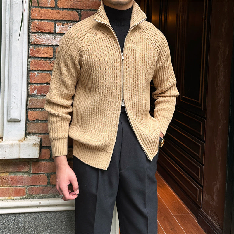 Cardigan ajusté pour homme - Col montant, tricot côtelé slim