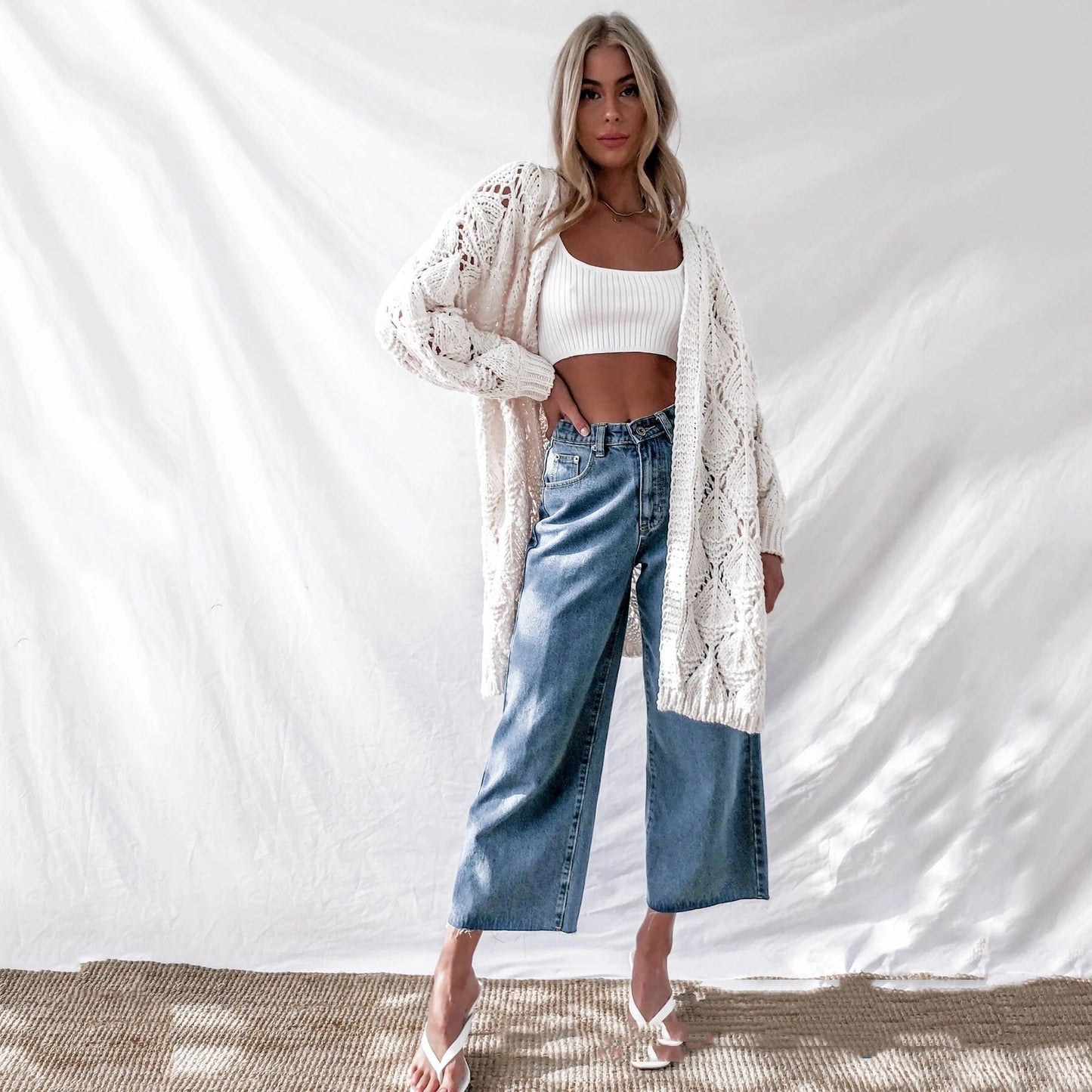 Soft Womens Long Cardigan - Hollow Knit, Chenille, Summer