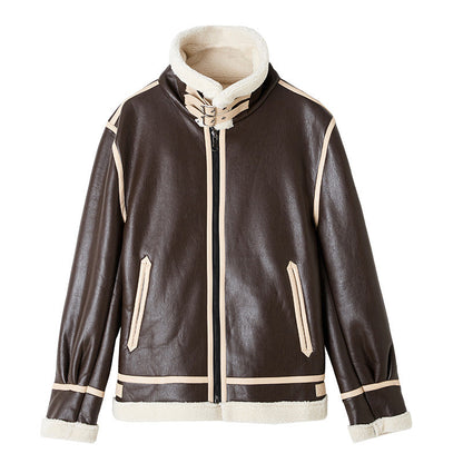 Chaqueta Unisex Cálida - Cuero Sintético Forrado de Borrego, Estilo Motociclista, Cierre Frontal con Cremallera, Para Uso en Invierno