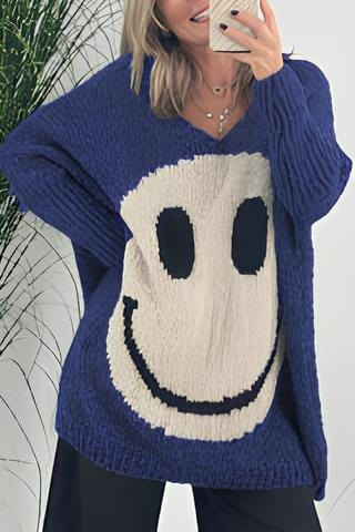 Übergroßer gemütlicher Damenpullover - V-Ausschnitt mit strukturierter Strickoptik