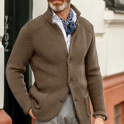 Warm Men's Cardigan - Stand Up Collar, Knitted, Commute