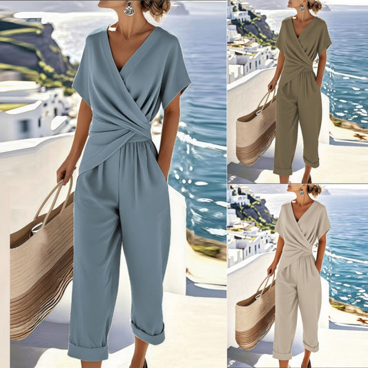 Lightweight women's two-piece set – versatile wrap V-neck top, irregular silhouette, polyester, office wear