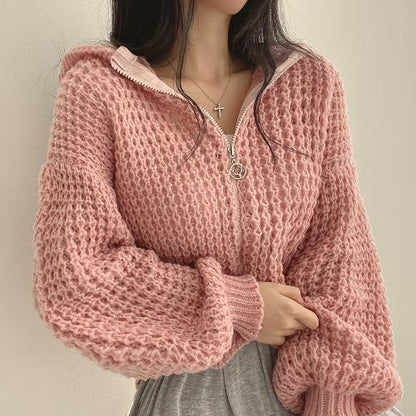 Warm Cozy Women's Cropped Sweater Coat - Hooded Chunky Knit