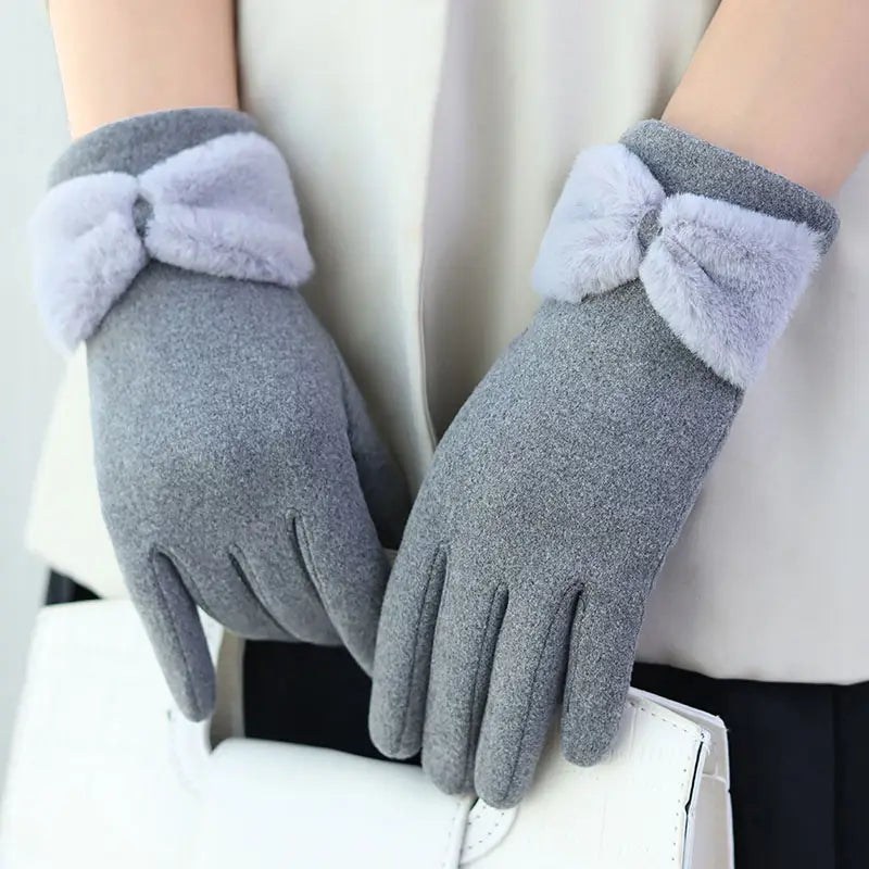 Warm Women Gloves - Bow Cuff, Fleece Lined, For Winter