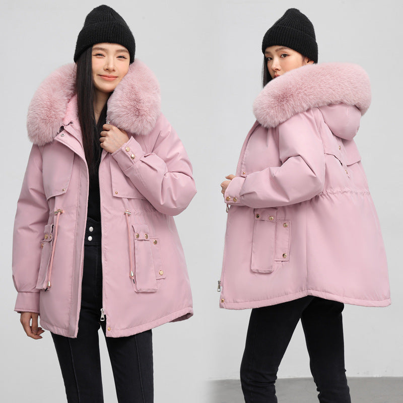 Insulating Womens Parka - Hooded Fur Collar, Cotton Padded