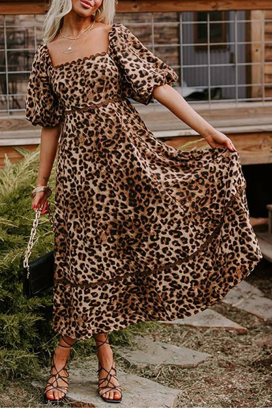 Leopard Print Maxi Dress with Puff Sleeves, Gathered Design, Long Dress for Women, Casual Chic Style-1