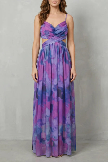 Lightweight women's slip dress – a-line, abstract print, mesh overlay, for evening events