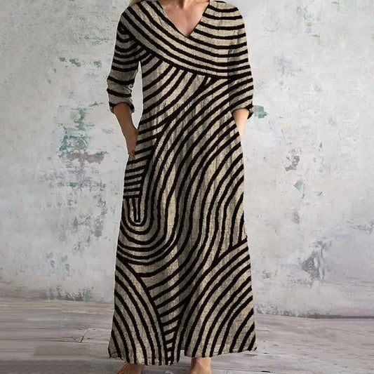 Vintage Stripe Dress with V-Neck, Ankle-Length, Functional Pockets, Lightweight Fabric-1