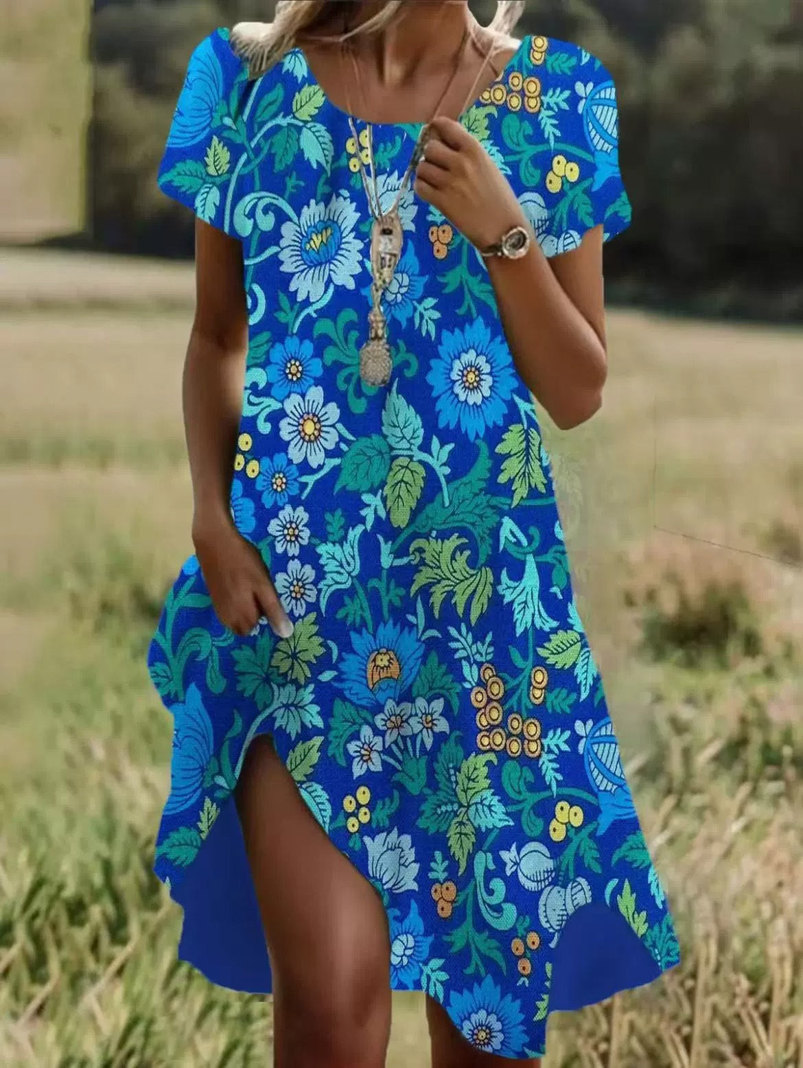 Soft women's dress - scoop neck, flowy mid-length silhouette, geometric print, casual everyday wear