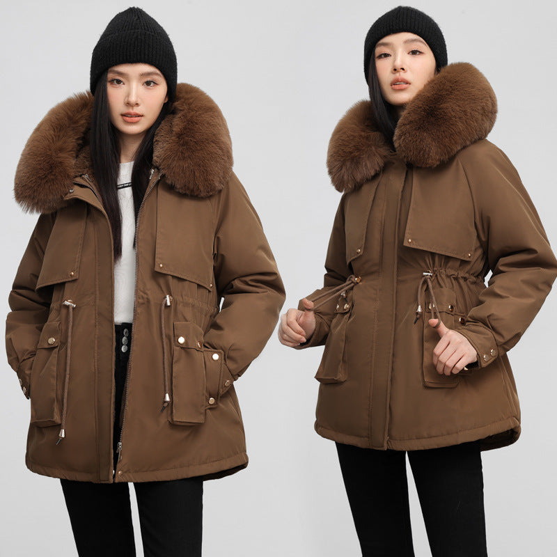Insulating Womens Parka - Hooded Fur Collar, Cotton Padded