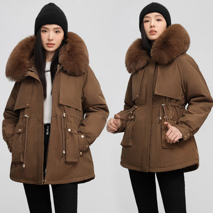 Insulating Womens Parka - Hooded Fur Collar, Cotton Padded