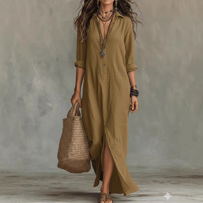 Soft women's flowy maxi dress - long-sleeve lapel-collar, solid, beach vacation