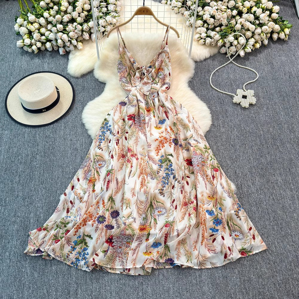 Leichtes Damenkleid – V-Ausschnitt mit Trägern, verstellbare Taille, Blumenmuster, für den Sommer