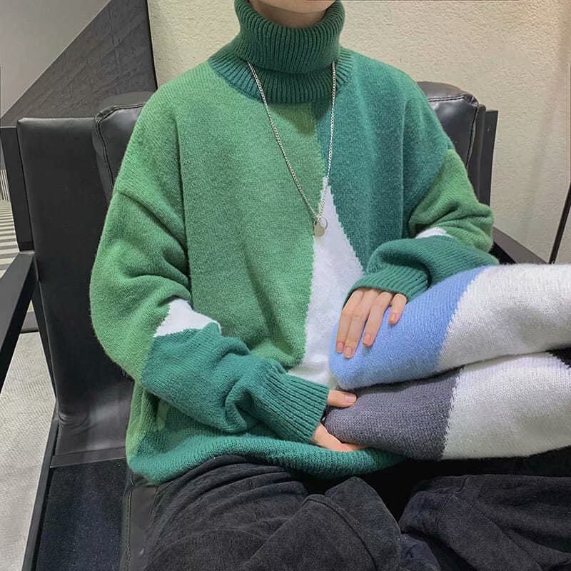 Warm Men Turtleneck Sweater - Oversized Polyester Knit