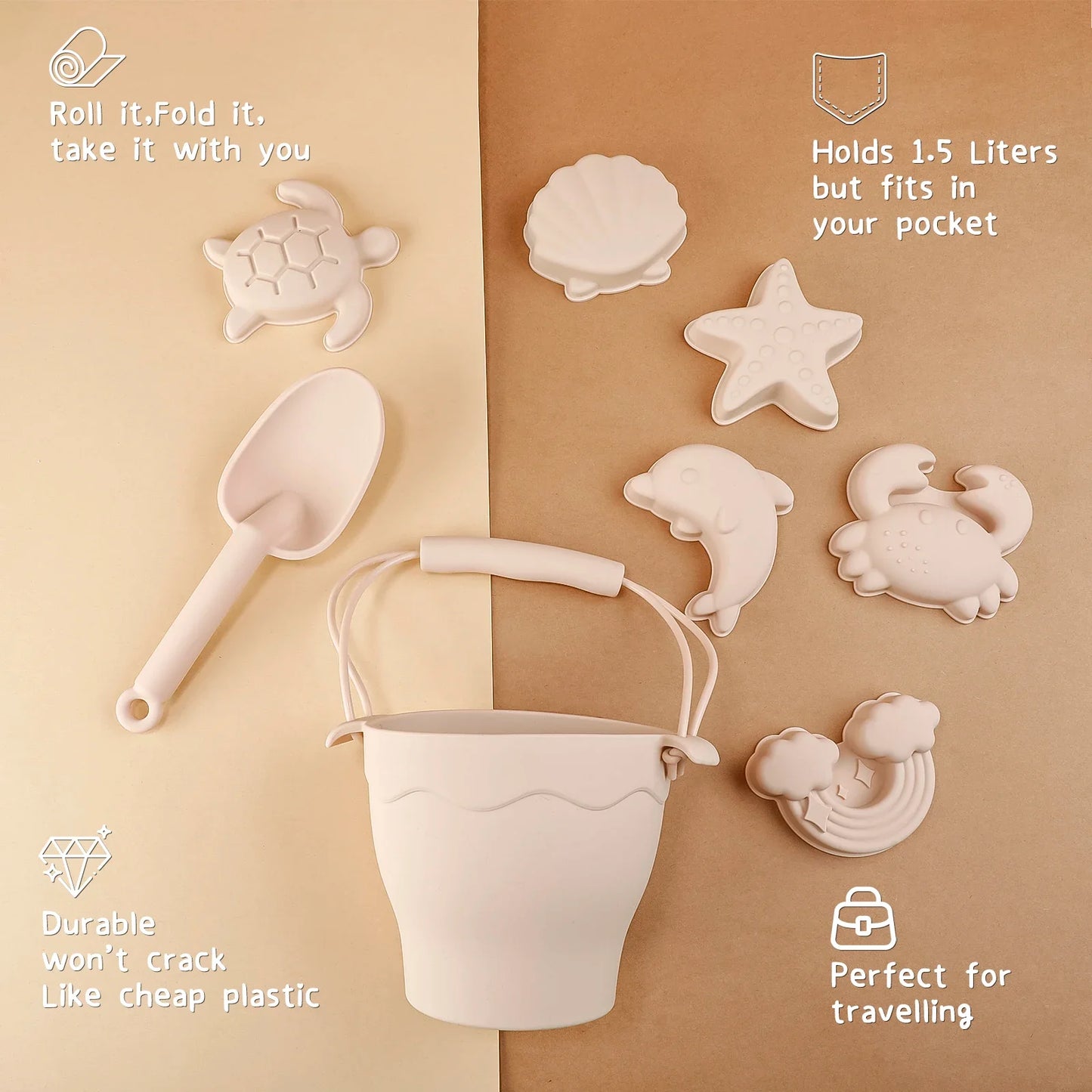Silikon Strandspielzeug Set 8-teilig Eimer und Formen Kinder Sandspiel Sommer 2025 Flexibel Einfach zu Reinigen Sicheres Geschenk