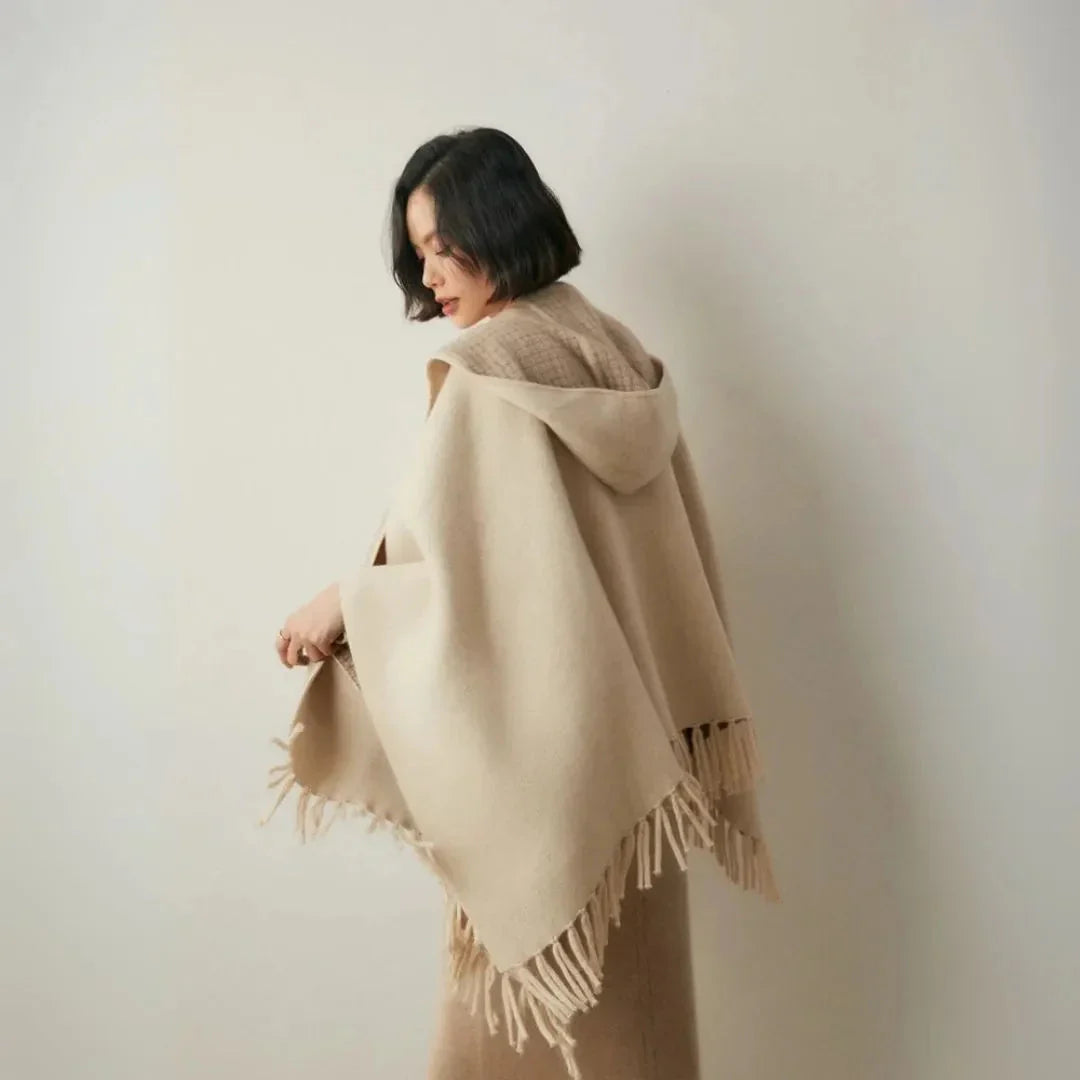 Lightweight Cozy Women's Poncho - Hooded Draped, Cashmere