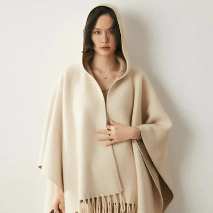 Lightweight Cozy Women's Poncho - Hooded Draped, Cashmere