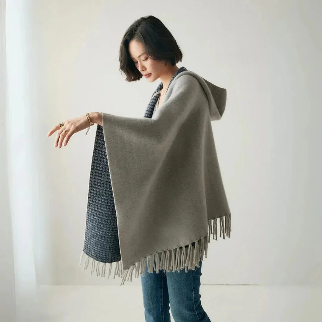 Lightweight Cozy Women's Poncho - Hooded Draped, Cashmere