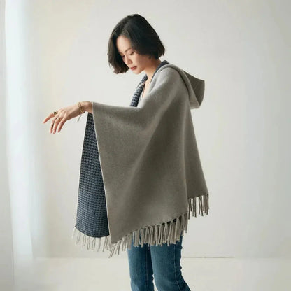 Lightweight Cozy Women's Poncho - Hooded Draped, Cashmere