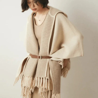 Lightweight Cozy Women's Poncho - Hooded Draped, Cashmere