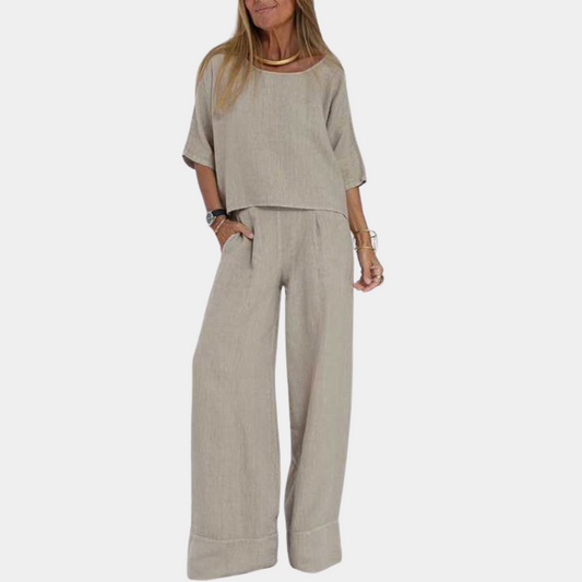 Atmungsaktiver Damen Zweiteiler – lässiger Schnitt, Baumwolle und Leinen, für den Sommer 0