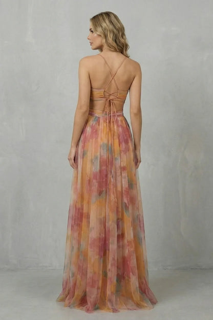 Lightweight women's slip dress – a-line, abstract print, mesh overlay, for evening events