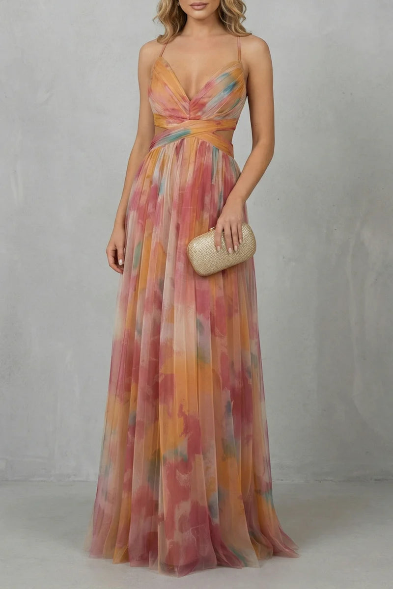 Lightweight women's slip dress – a-line, abstract print, mesh overlay, for evening events
